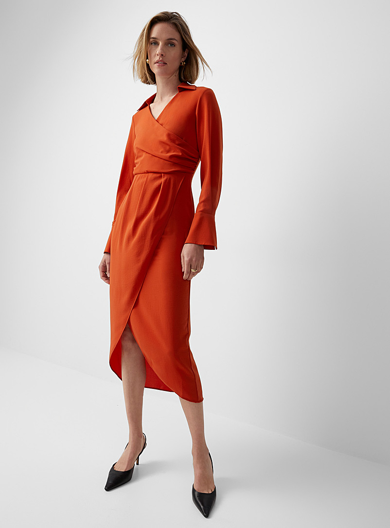 Sisley Dark Orange Johnny-collar drape dress for women