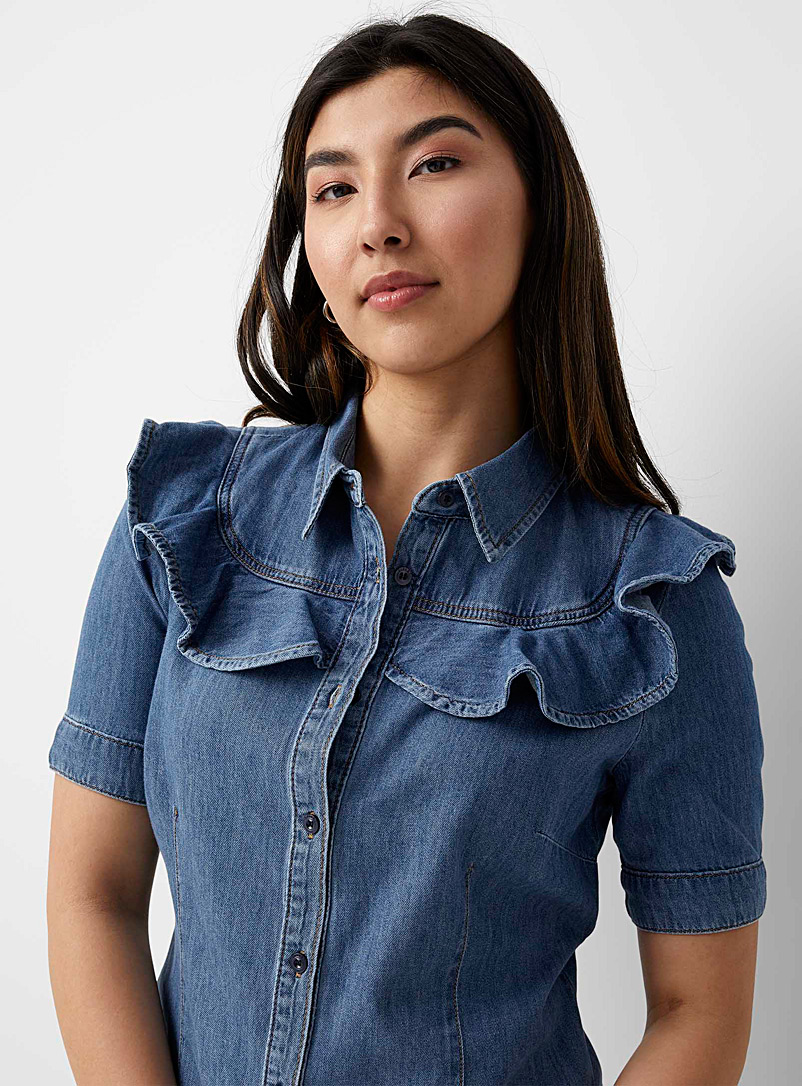 Sisley: La chemise denim empiècement à volant Bleu foncé pour femme