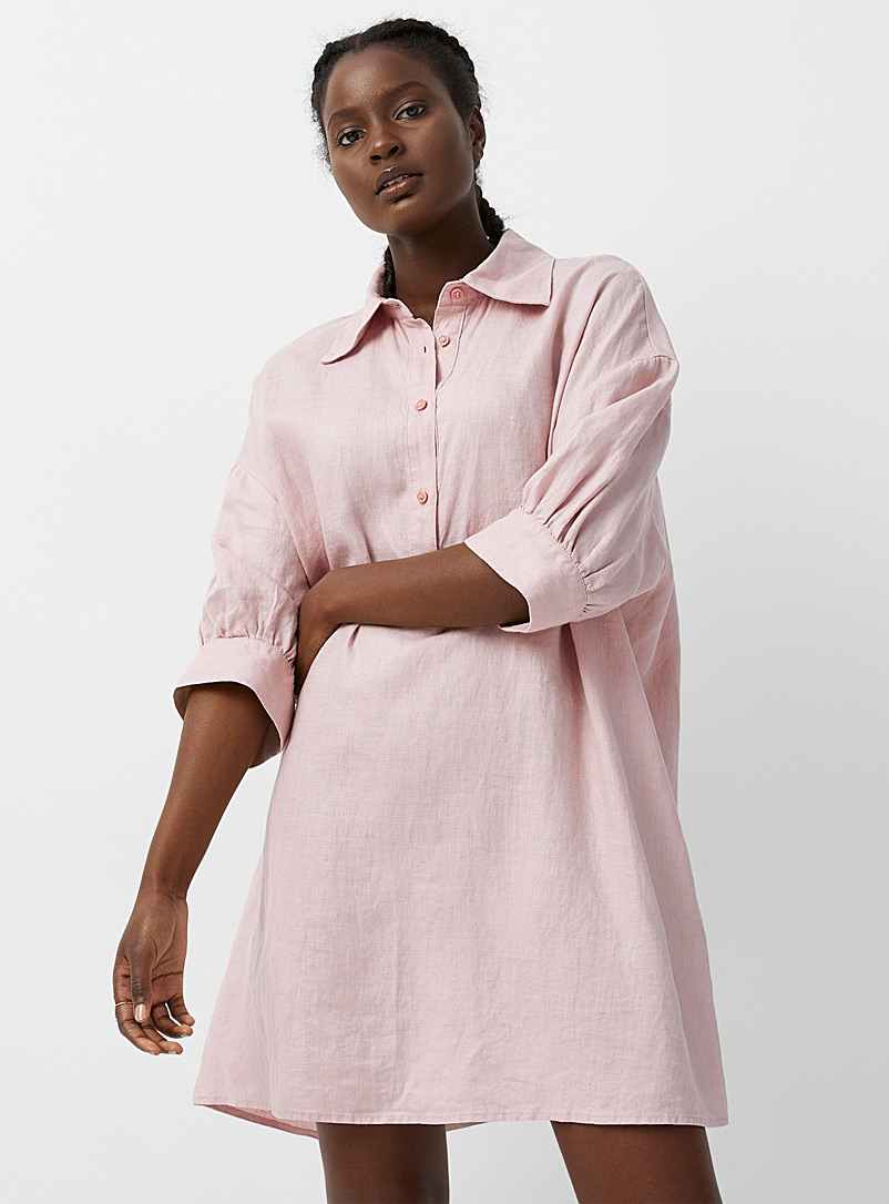 Sisley Dusky Pink Puff-sleeve linen shirtdress for women