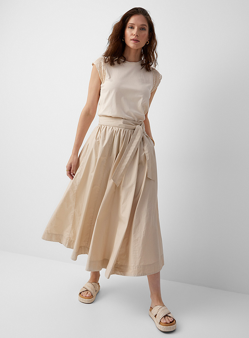 Sisley Light Brown Tie-waist voluminous poplin skirt for women