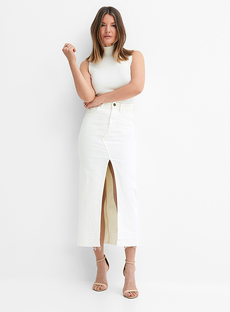 Sisley White Slit ivory denim maxi skirt for women