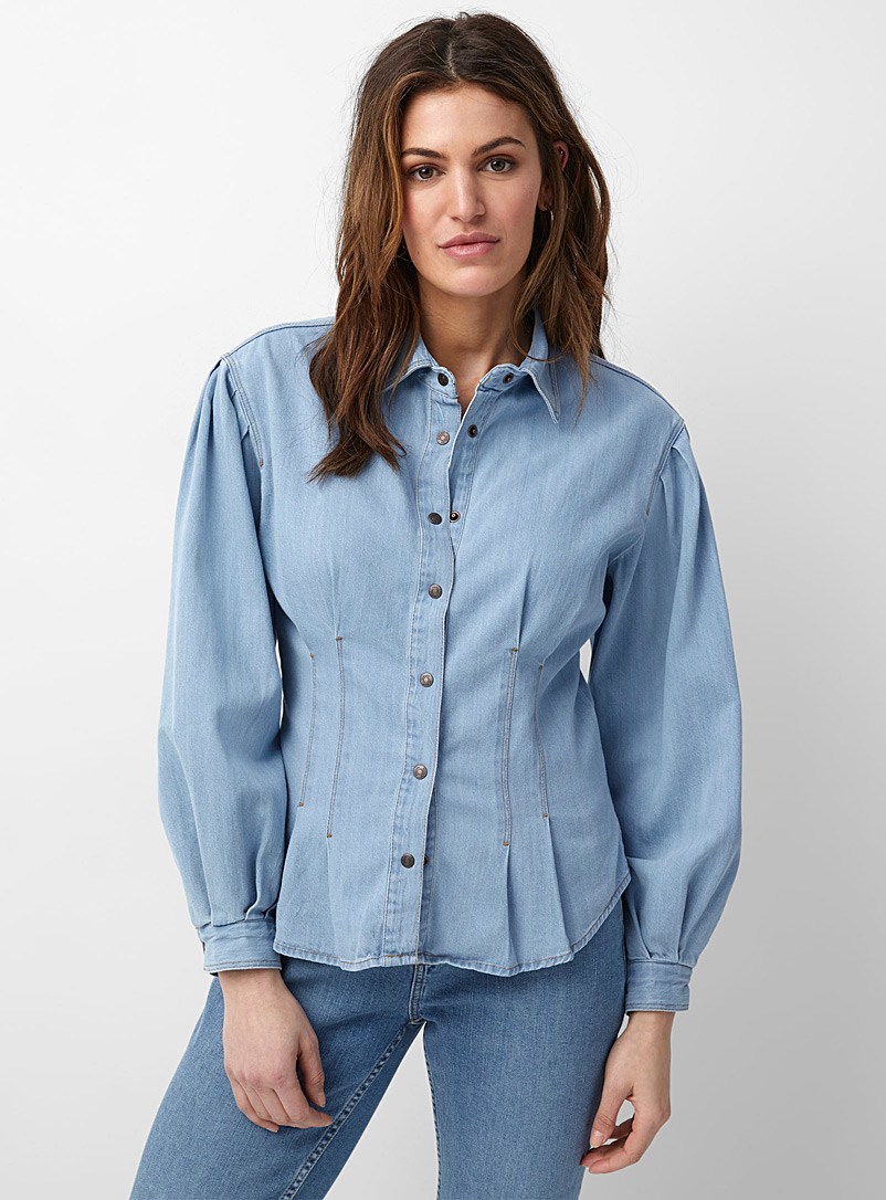 Sisley Blue Puff-sleeve jean shirt for women