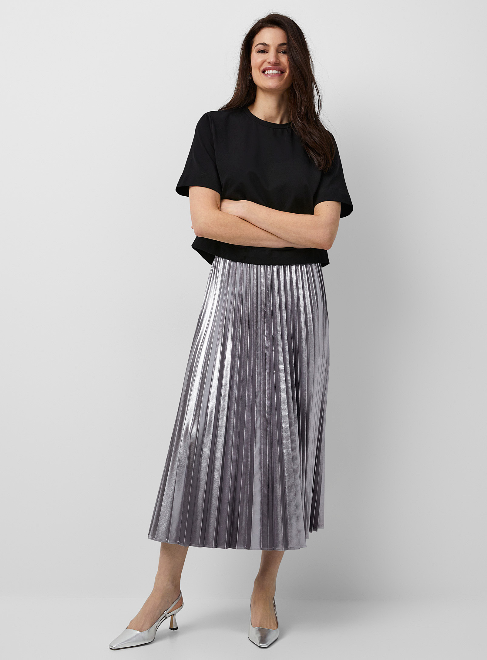 Sisley Paris Silvery Pleated Midi Skirt