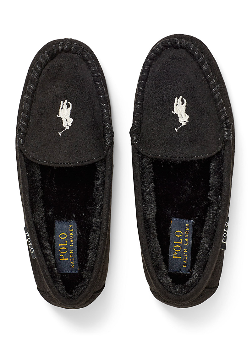 Polo Ralph Lauren Black Embroidered moccasin slippers for women