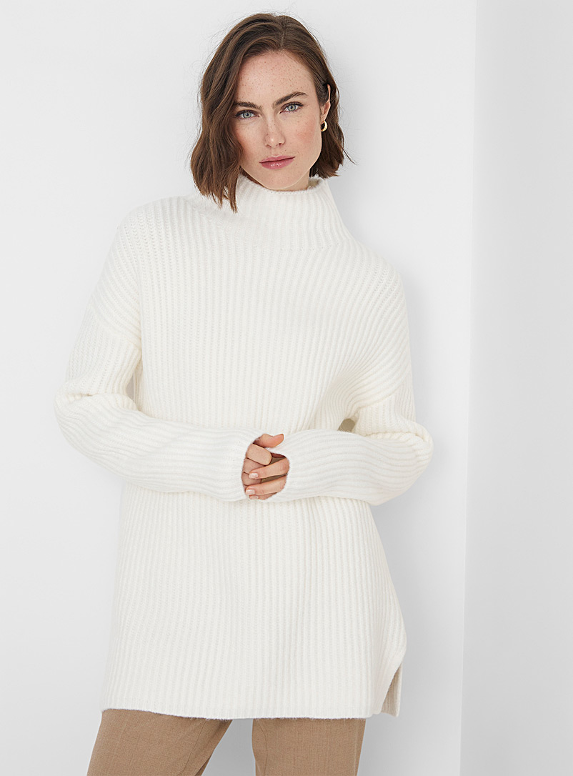 Contemporaine Ivory White Loose ribbed funnel-neck sweater for women