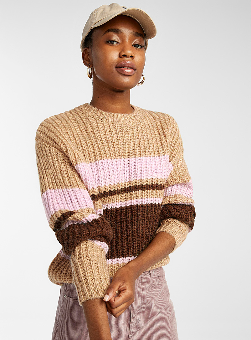 Twik Patterned Brown Striped shaker rib sweater for women