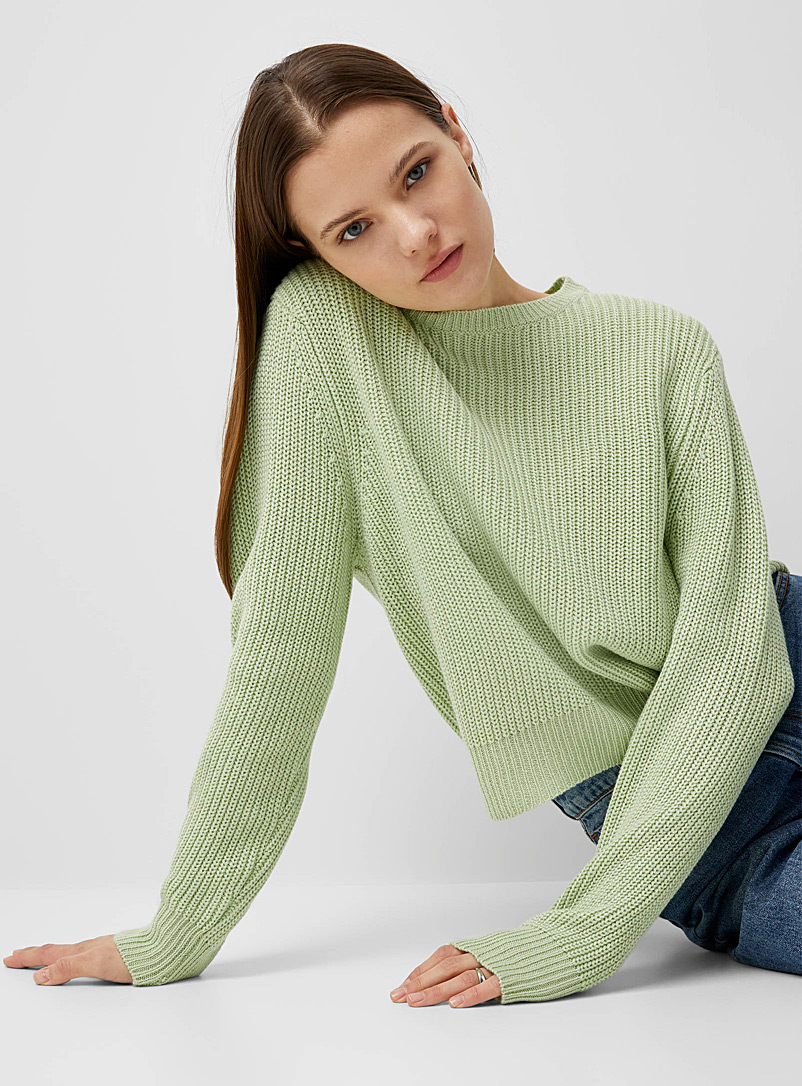 Twik Lime Green Loose ribbed knit sweater for women
