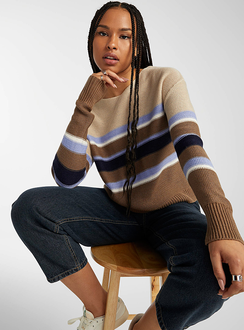 Twik Patterned Brown Horizontal stripe boat-neck sweater for women