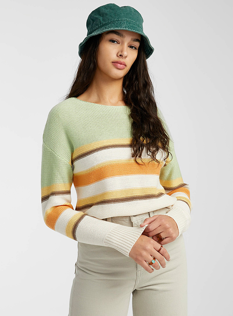 Twik Patterned Green Horizontal stripe boat-neck sweater for women