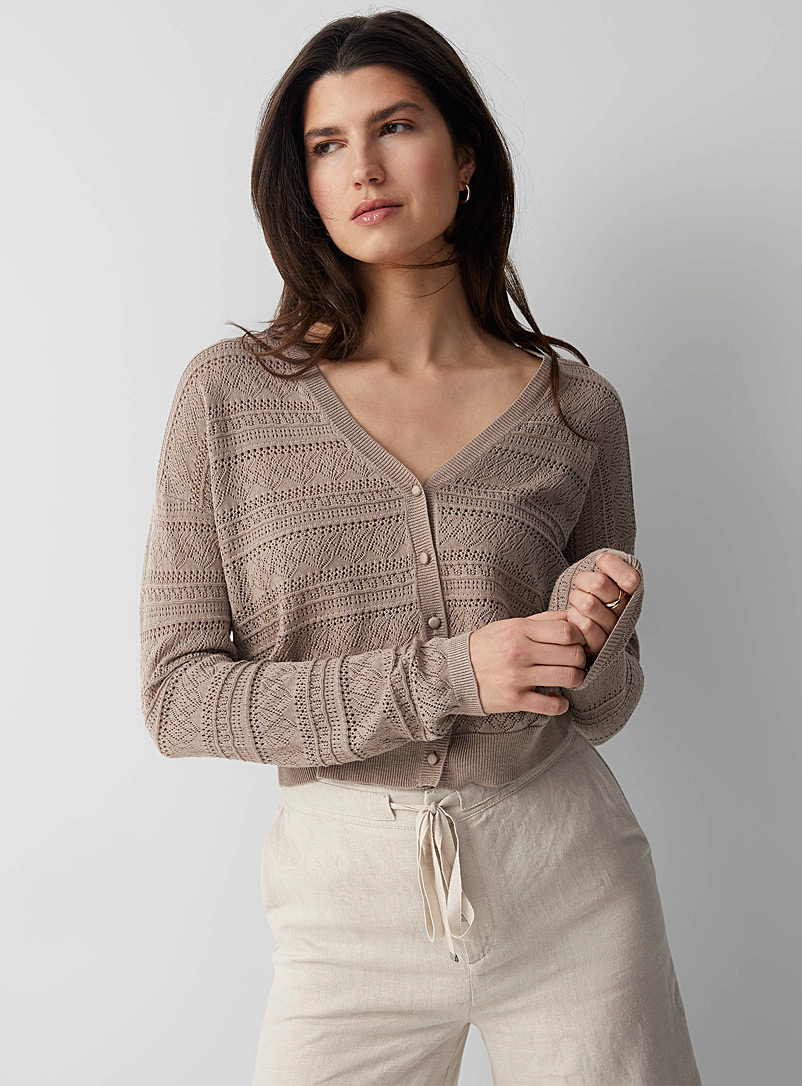 Contemporaine Light Brown Pointelle cropped cardigan for women