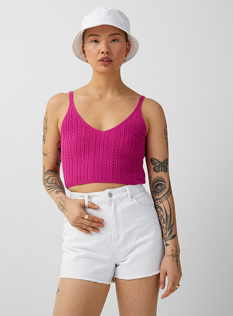 Twik Pink Mini cables V-neck cropped cami for women