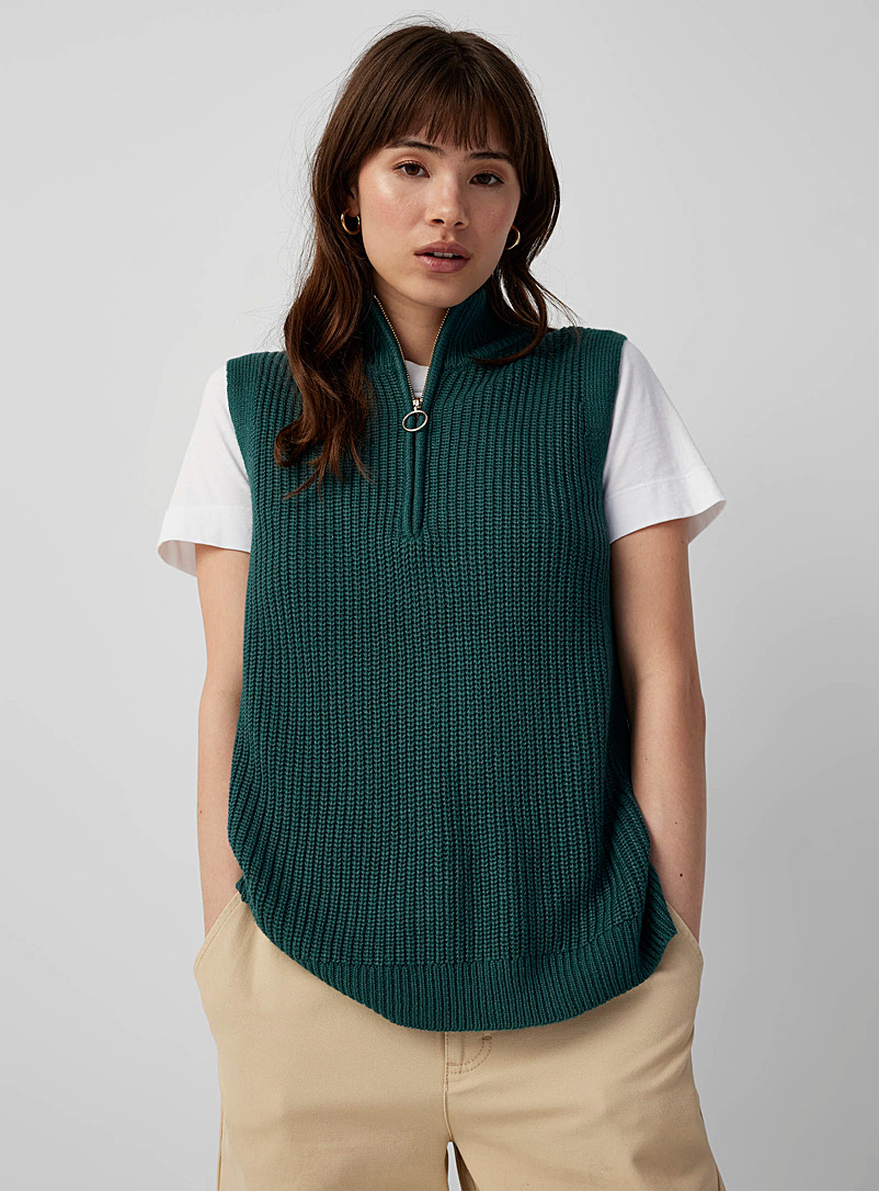 Twik Teal Rib-knit zippered mock neck sweater vest for women