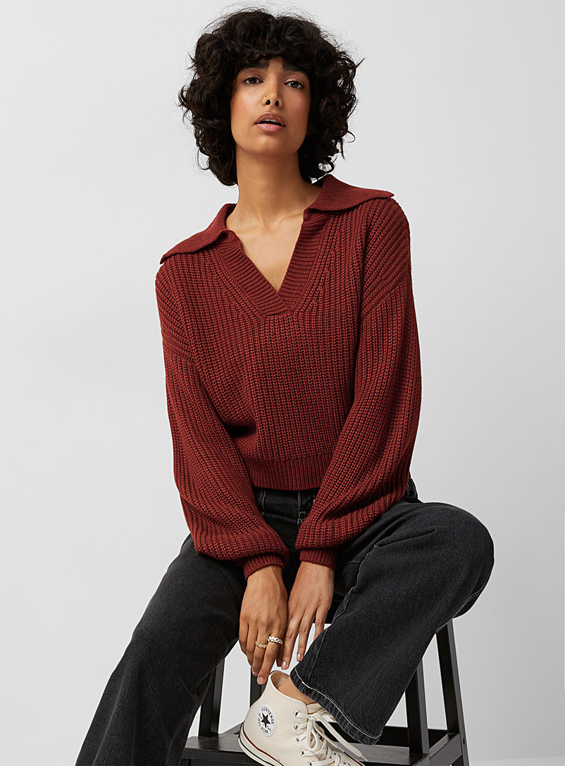 Twik Ruby Red Ribbed knit Johnny collar sweater for women