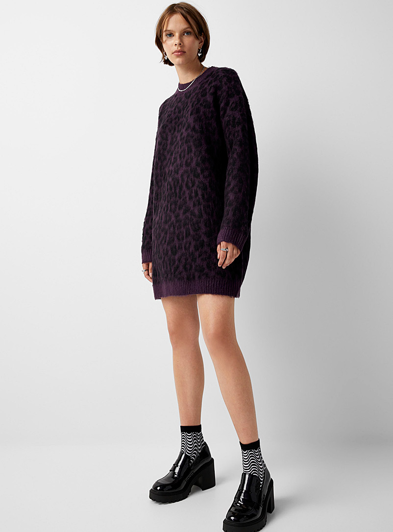 Twik Patterned Crimson Grunge fuzzy-knit sweater dress for women