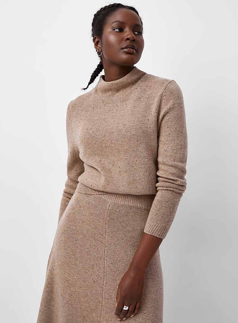 Contemporaine Light Brown Confetti knit funnel-neck sweater for women