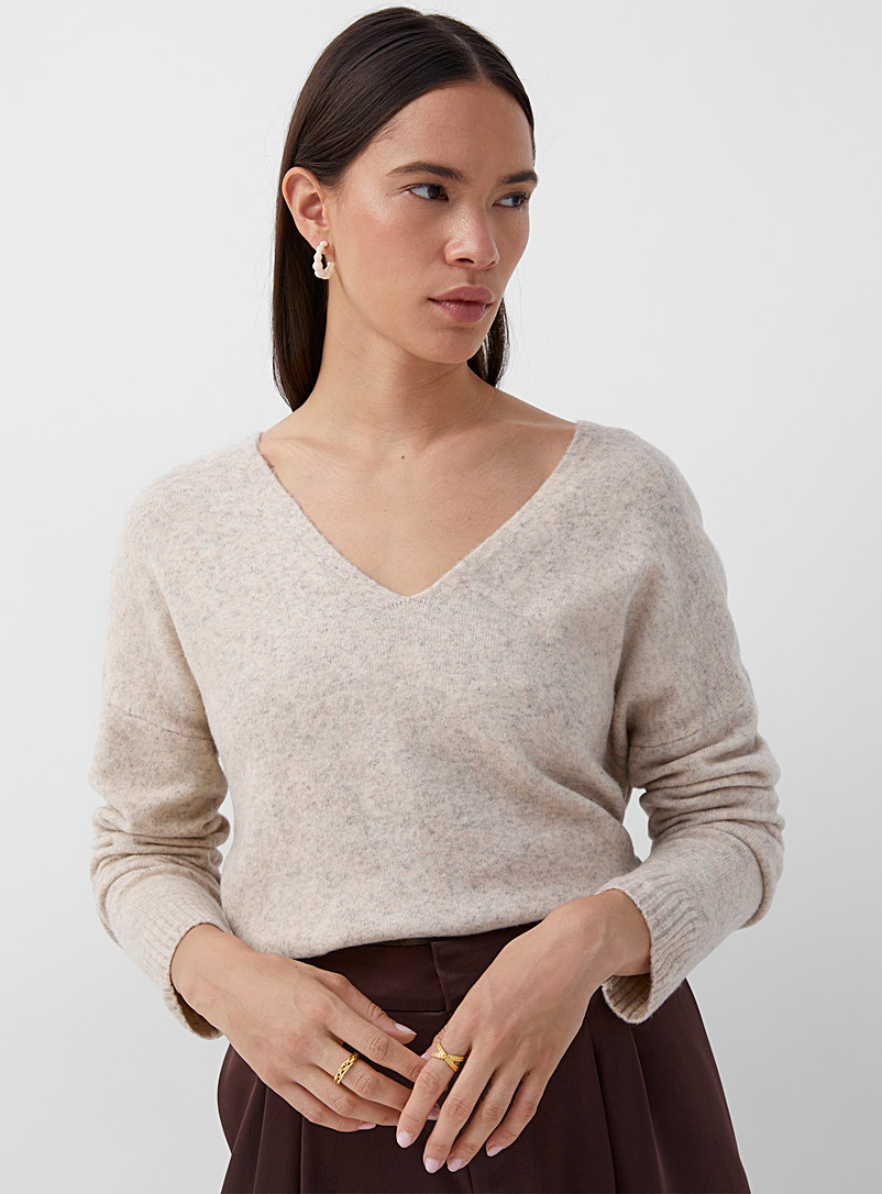 Contemporaine Ecru/Linen Brushed knit V-neck tunic sweater for women
