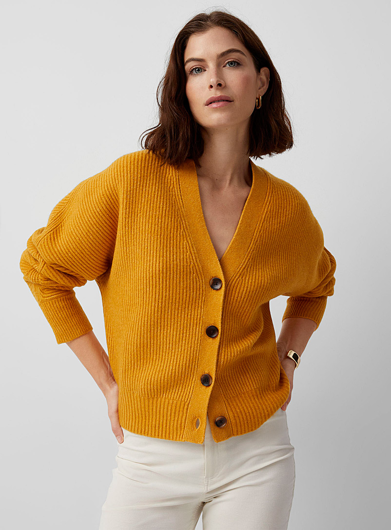 Contemporaine Dark Yellow Loose ribbed V-neck cardigan for women