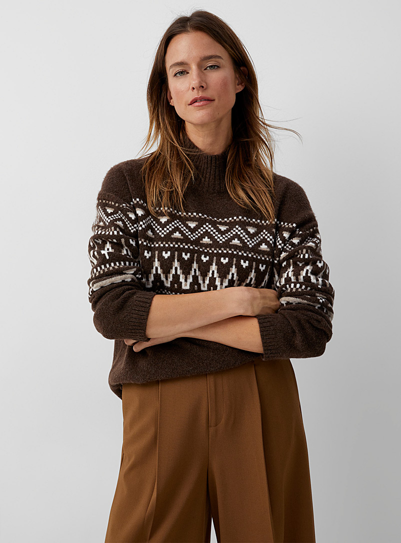 Contemporaine Dark Brown Jacquard accent mock-neck sweater for women