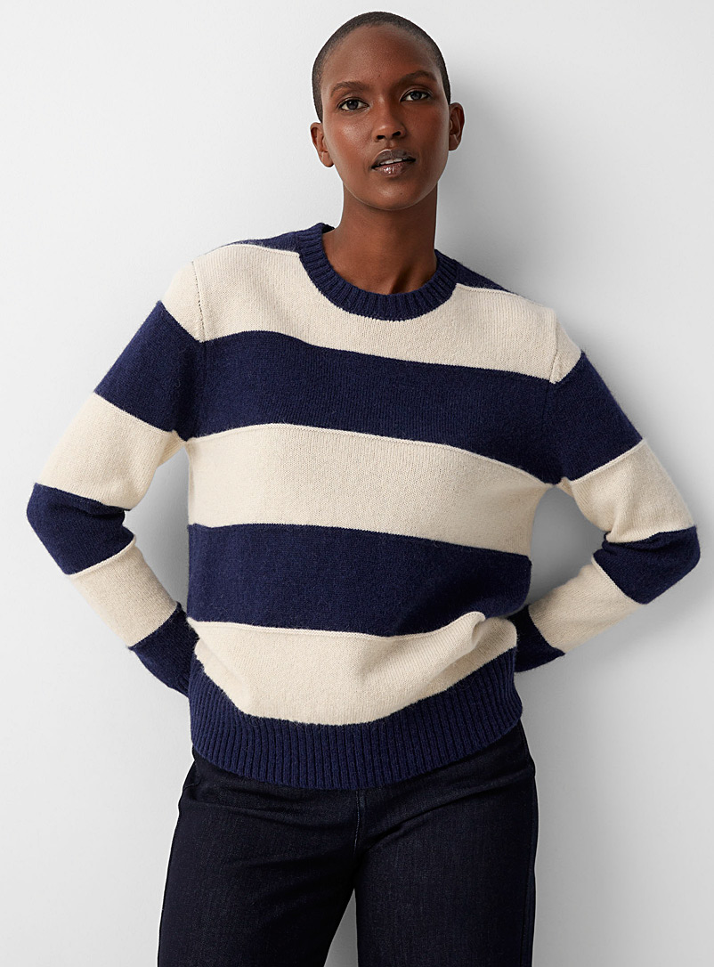Contemporaine Marine Blue Block stripe Shetland wool sweater for women