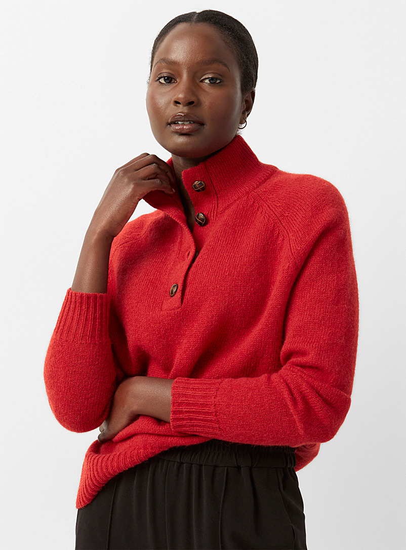 Contemporaine Ruby Red Buttoned collar Shetland wool sweater for women