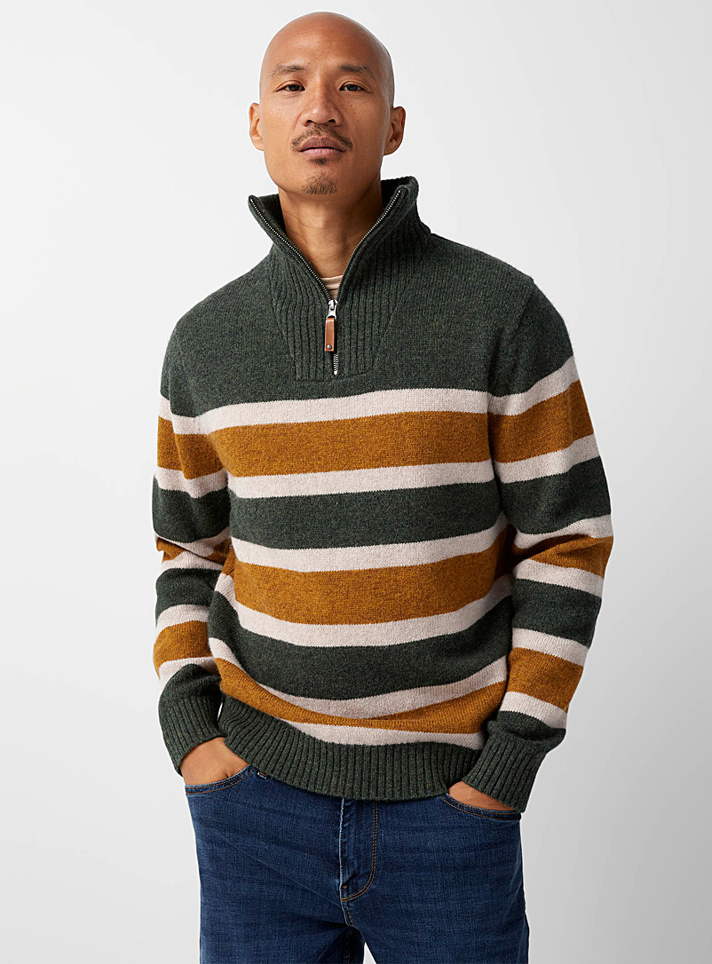 Le 31 Patterned Green Striped Shetland wool sweater for men