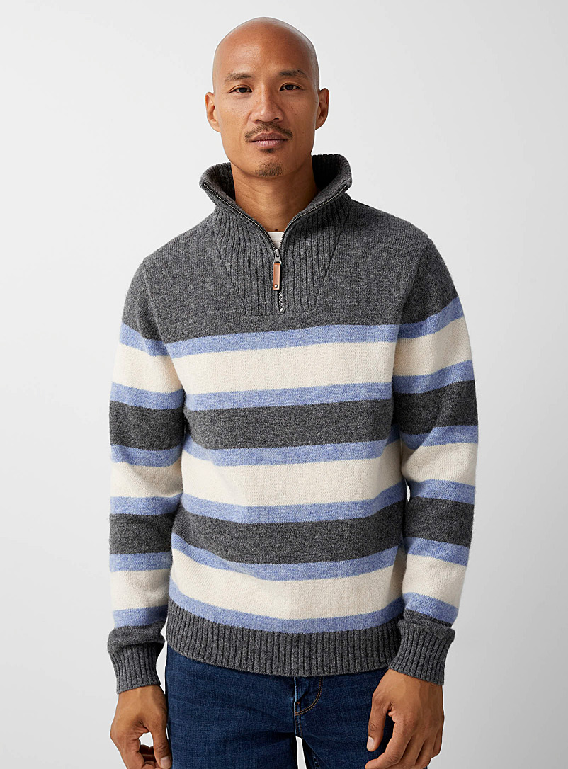 Le 31 Patterned Grey Striped Shetland wool sweater for men