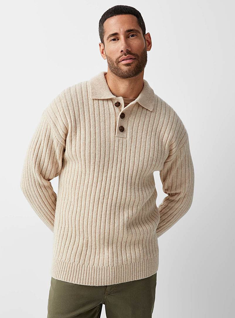Le 31 Ecru/Linen Shetland wool polo-collar sweater for men