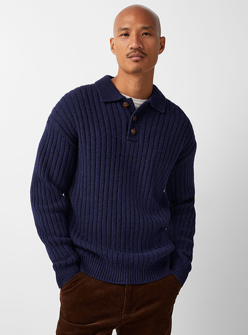 Le 31 Marine Blue Shetland wool polo-collar sweater for men
