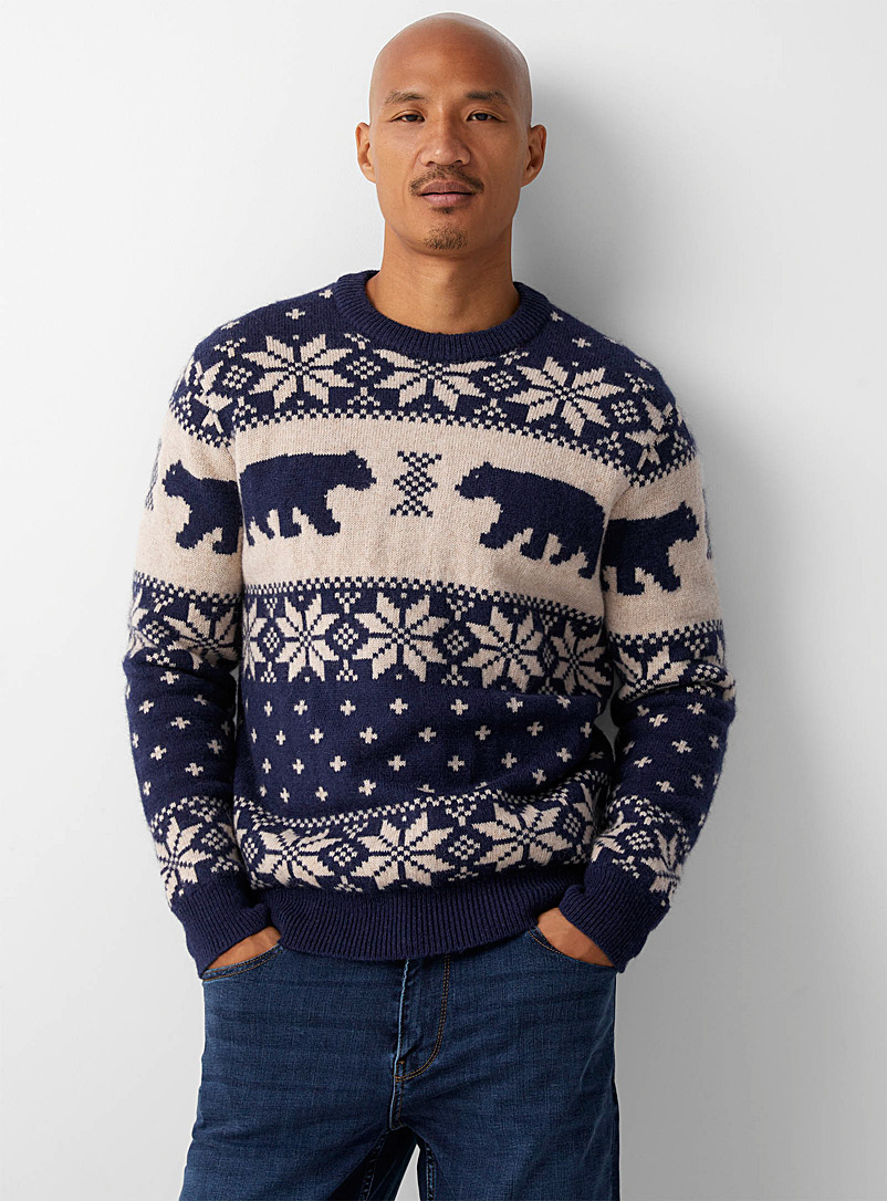 Le 31 Patterned Blue Nordic jacquard Shetland wool sweater for men