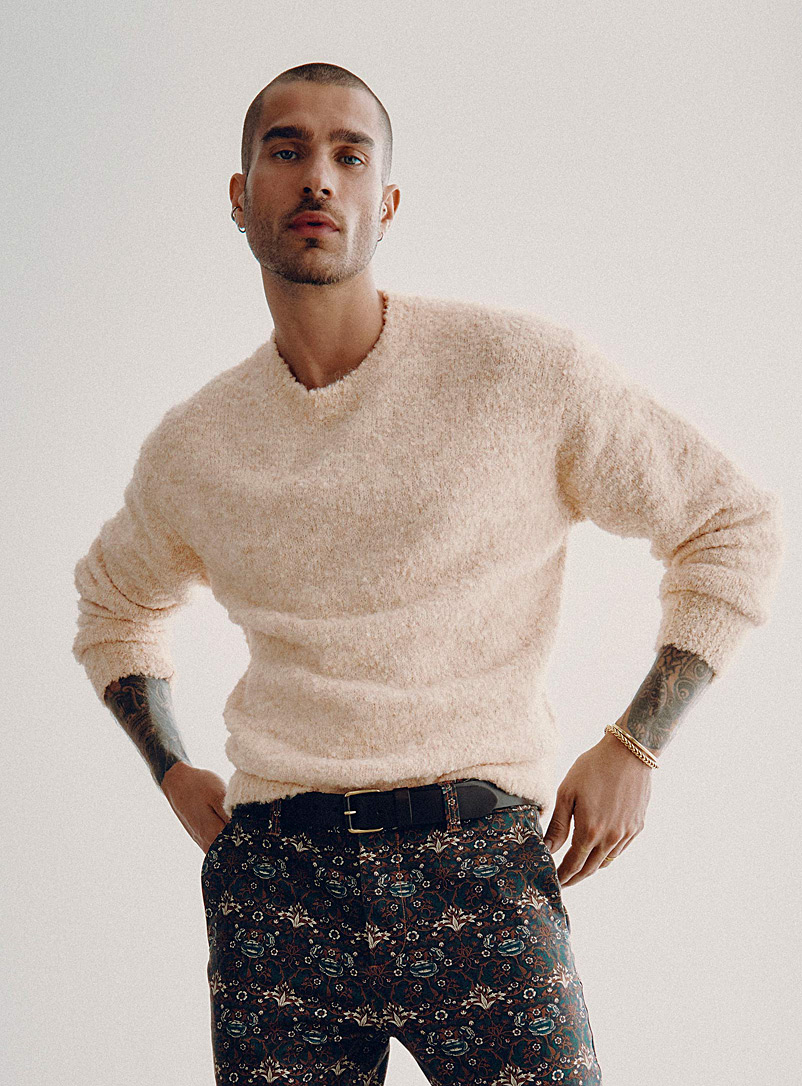 Le 31 Ivory White Bouclé knit sweater for men