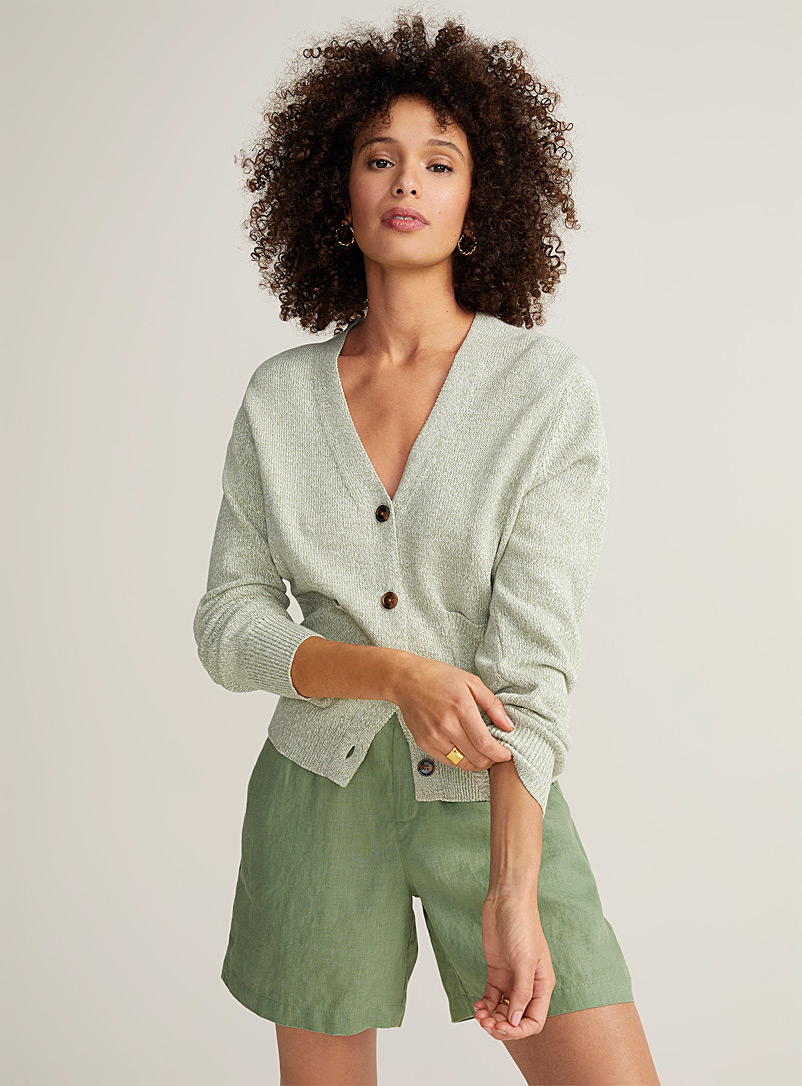 Contemporaine Lime Green Patch pockets V-neck cardigan for women