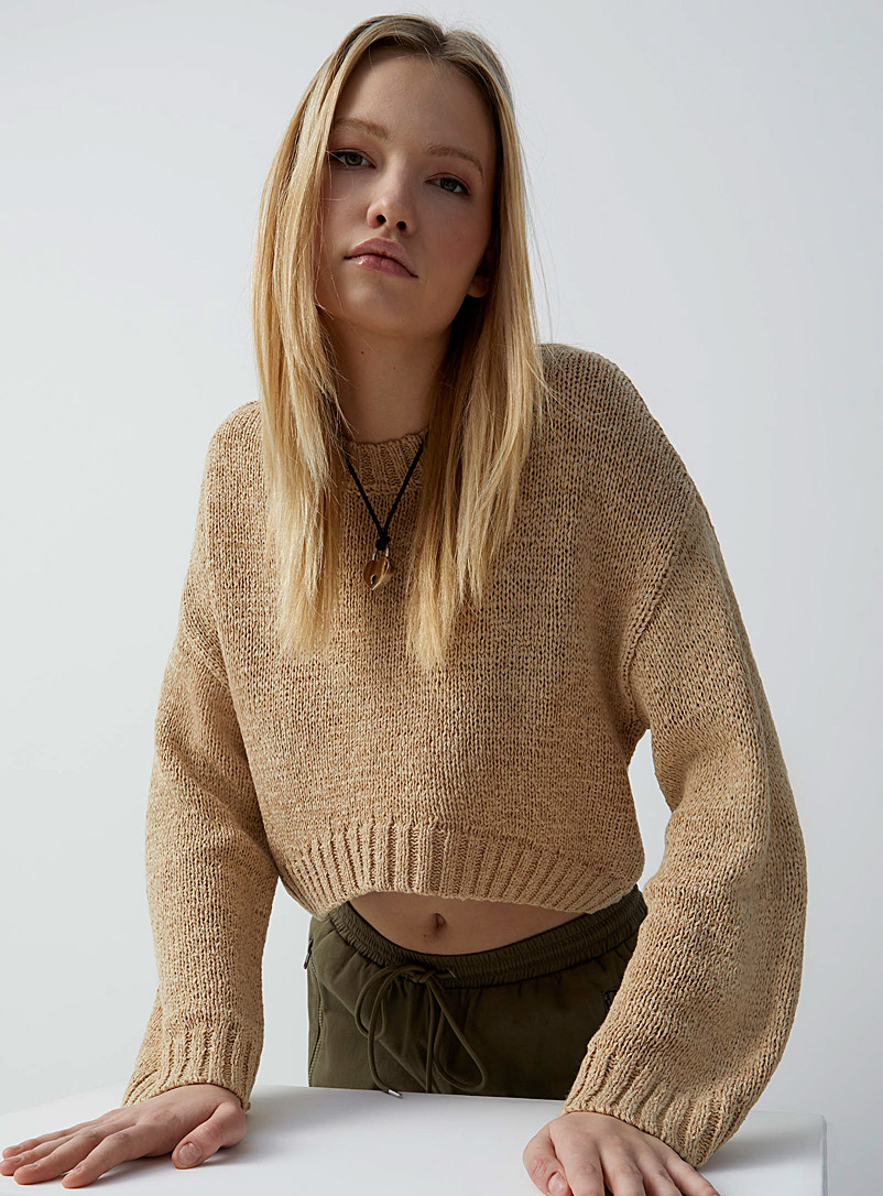Twik Cream Beige Ribbon knit asymmetrical sweater for women