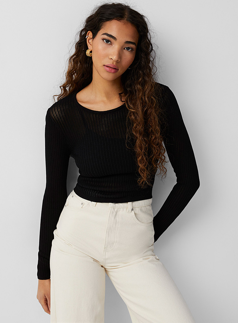 Twik Black Pointelle and ribbed knit cropped sweater for women