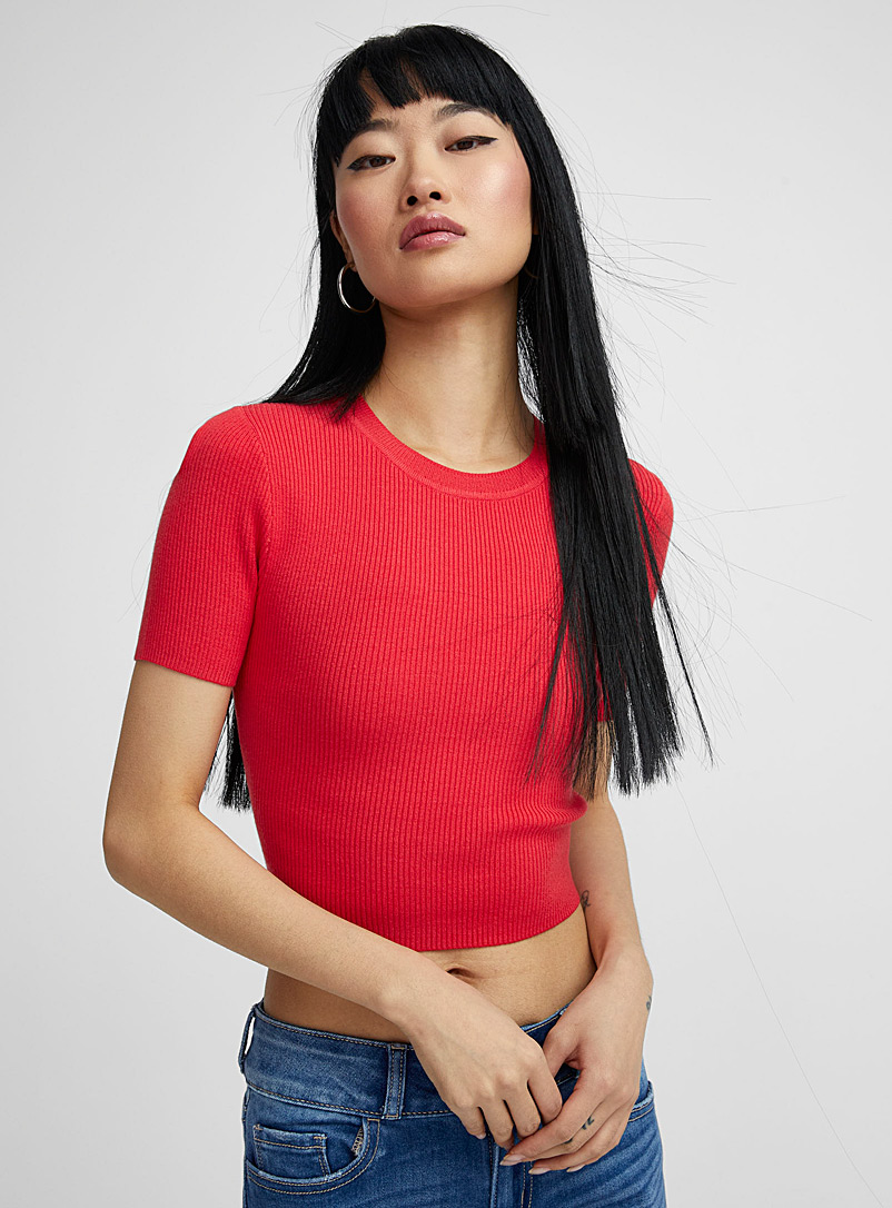 Twik Cherry Red Open-back ribbed sweater for women