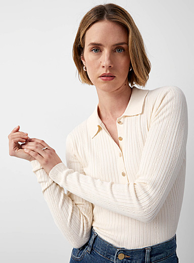 Contemporaine Ivory White Metallic buttons polo sweater for women