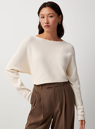 Contemporaine Cream Beige Dolman-sleeve ribbed sweater for women