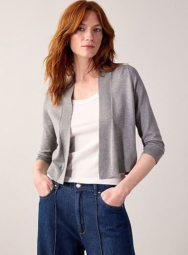 Contemporaine Charcoal 3/4-sleeve fine knit open cardigan for women