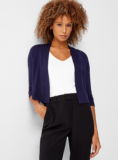 Contemporaine: Le cardigan ouvert fin tricot manches 3/4 Bleu fonc&eacute; - Indigo pour femme