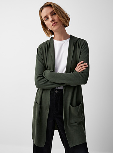 Contemporaine Bottle Green Long hooded cardigan for women