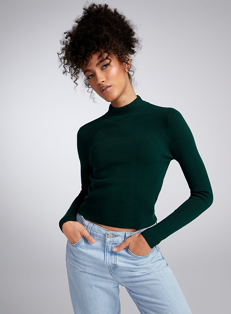 Twik Mossy Green Fine ribbed mock-neck sweater for women