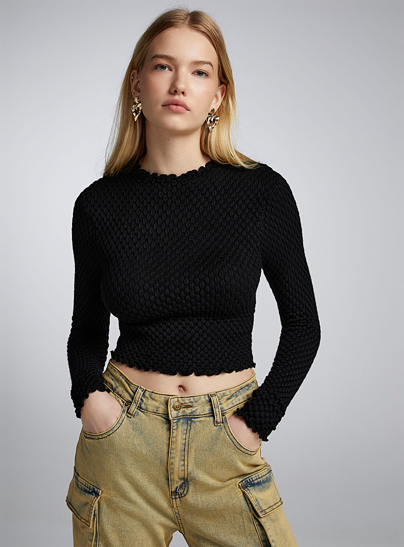 Twik Black Basket-weave sweater for women