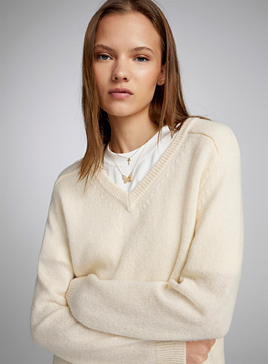 Twik Ivory White Pure wool V-neck sweater for women