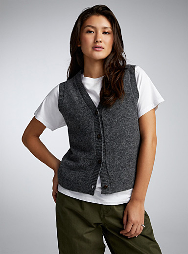 Twik Grey Buttoned pure wool sweater vest for women