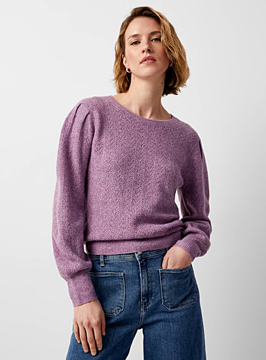 Contemporaine Lilacs Puff-sleeve openwork cables sweater for women
