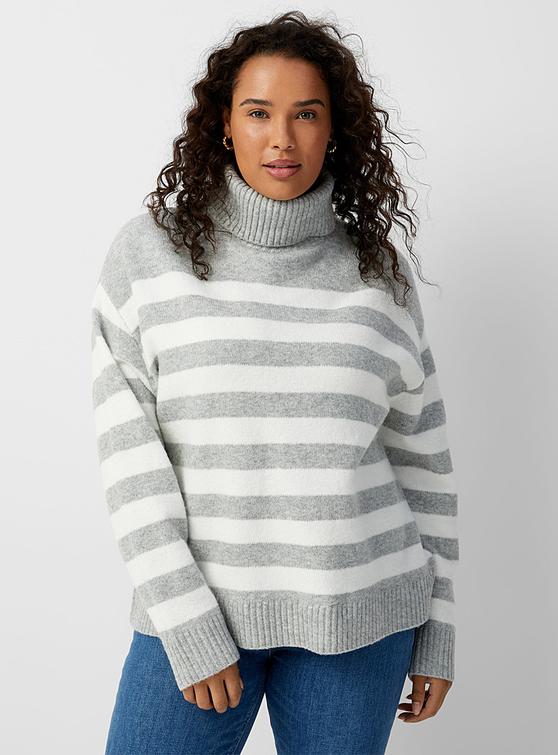 Contemporaine Light Grey Oversized horizontal stripe turtleneck for women