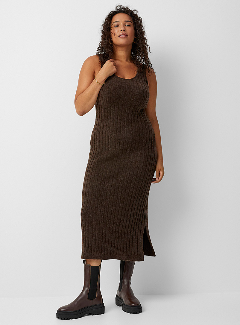 Contemporaine Dark Brown Rib-knit fitted dress for women