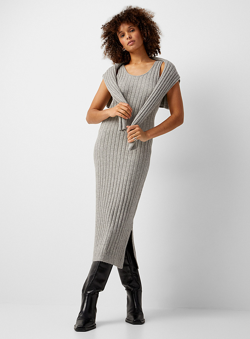 Contemporaine Grey Rib-knit fitted dress for women