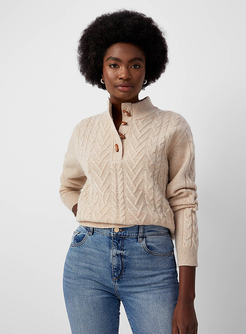 Button neck cable sweater Shetland wool | Contemporaine | Shop Women's ...