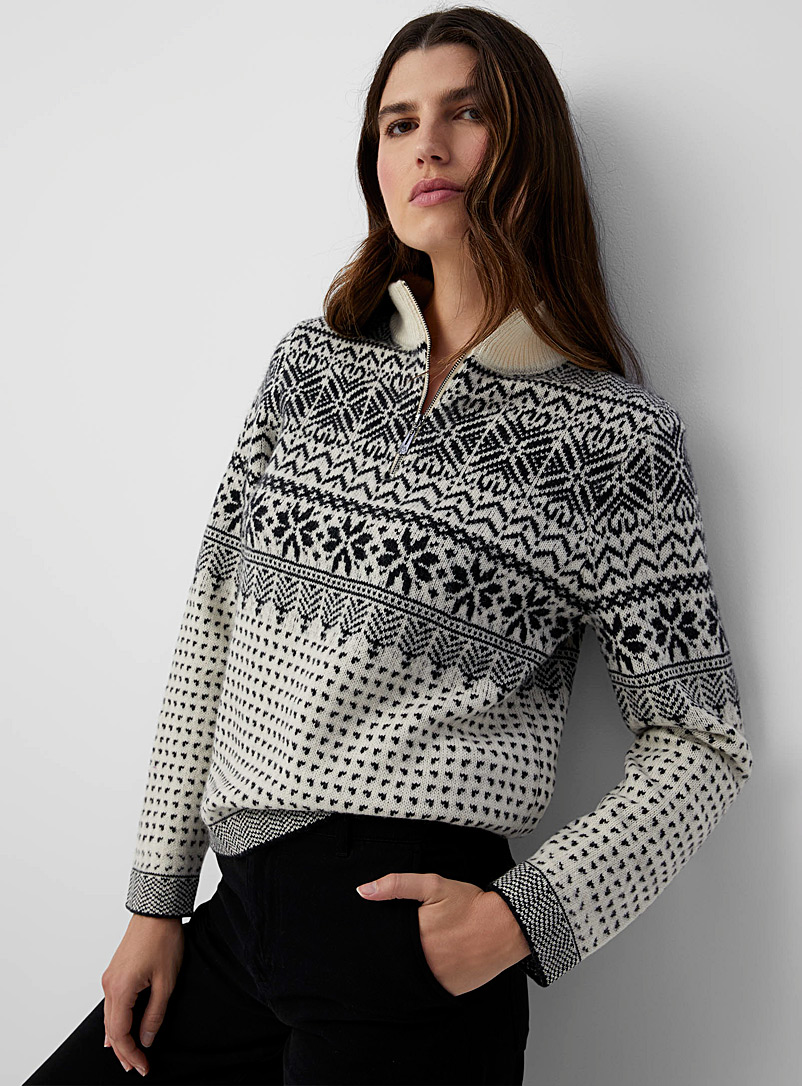Contemporaine Ivory White Zipped-collar jacquard sweater Shetland wool for women