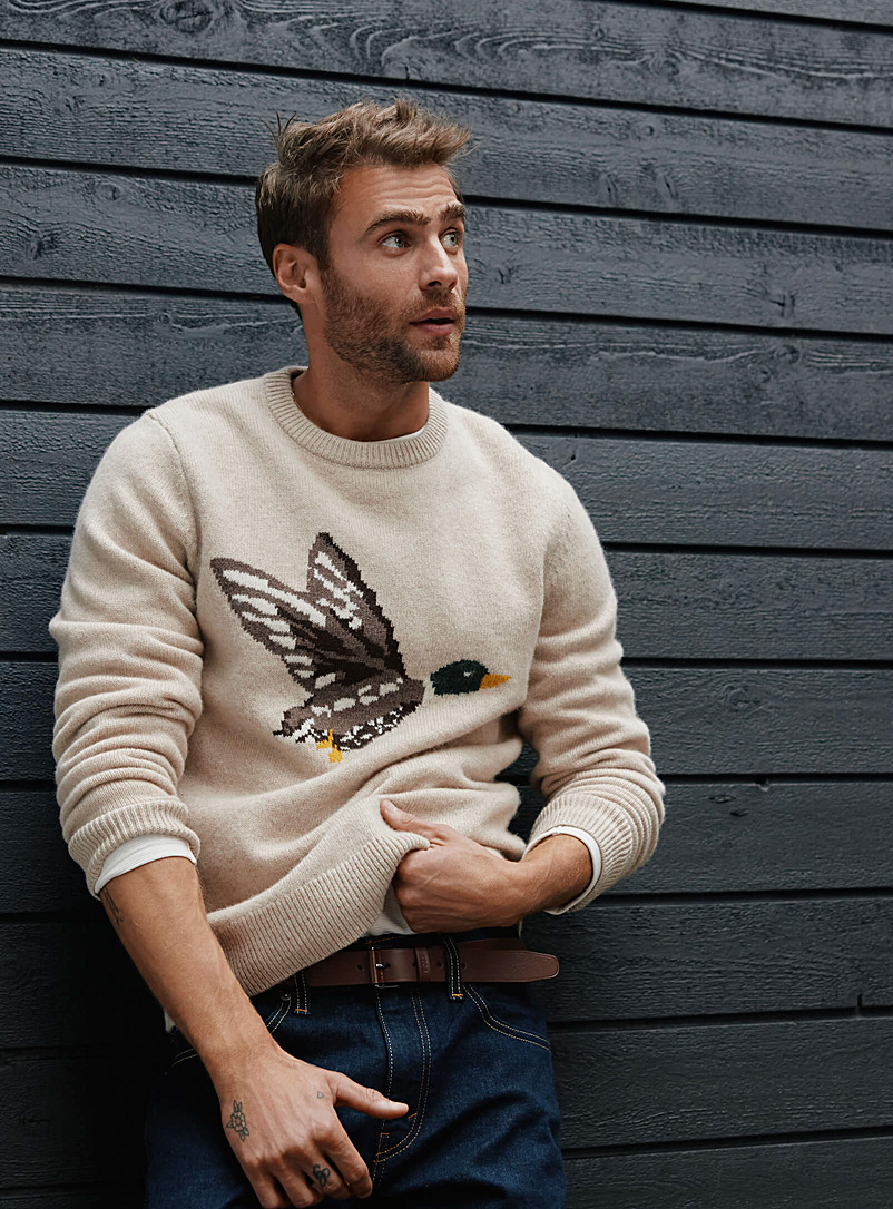 Le 31 Patterned Ecru Mallard duck sweater Shetland wool for men